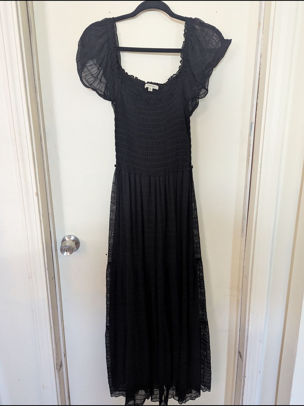 Max Studio Black Smocked Maxi with Flutter Cap Sleeves